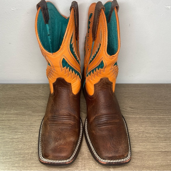 Ariat Quickdraw VentTek Western Wear Boots 4LR Youth 2 Orange Brown Blue Worn - Picture 3 of 15